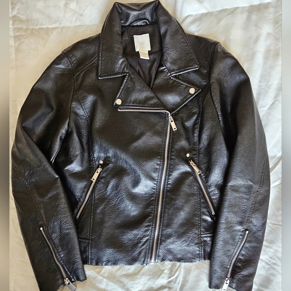 Black faux leather women's zip up biker jacket medium motojacket